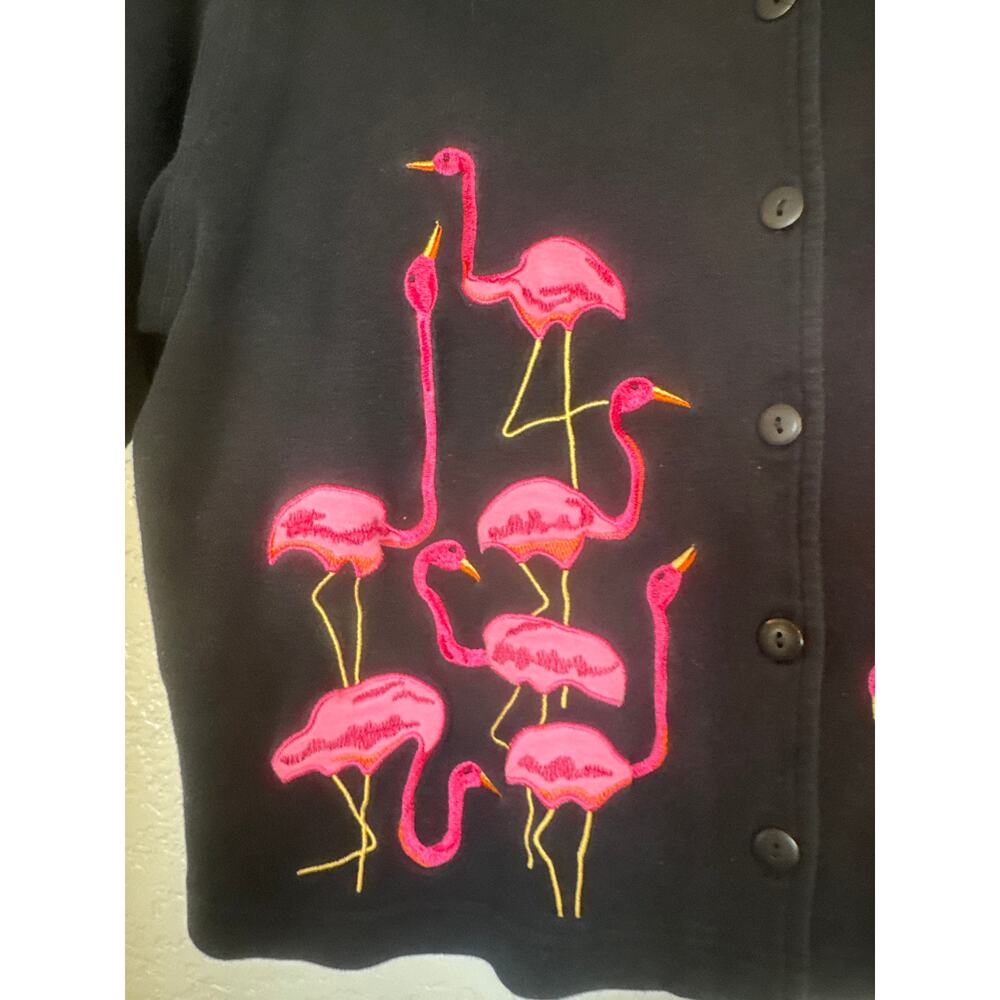 Vintage Short Sleeve Embroidered Flamingos Cardigan Womens Large Black Pink - Picture 3 of 8
